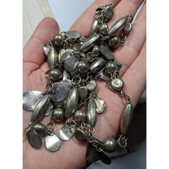 Abstract Metallic Bead Chain And Charm Necklace Silver Tone - Picture 3 of 4